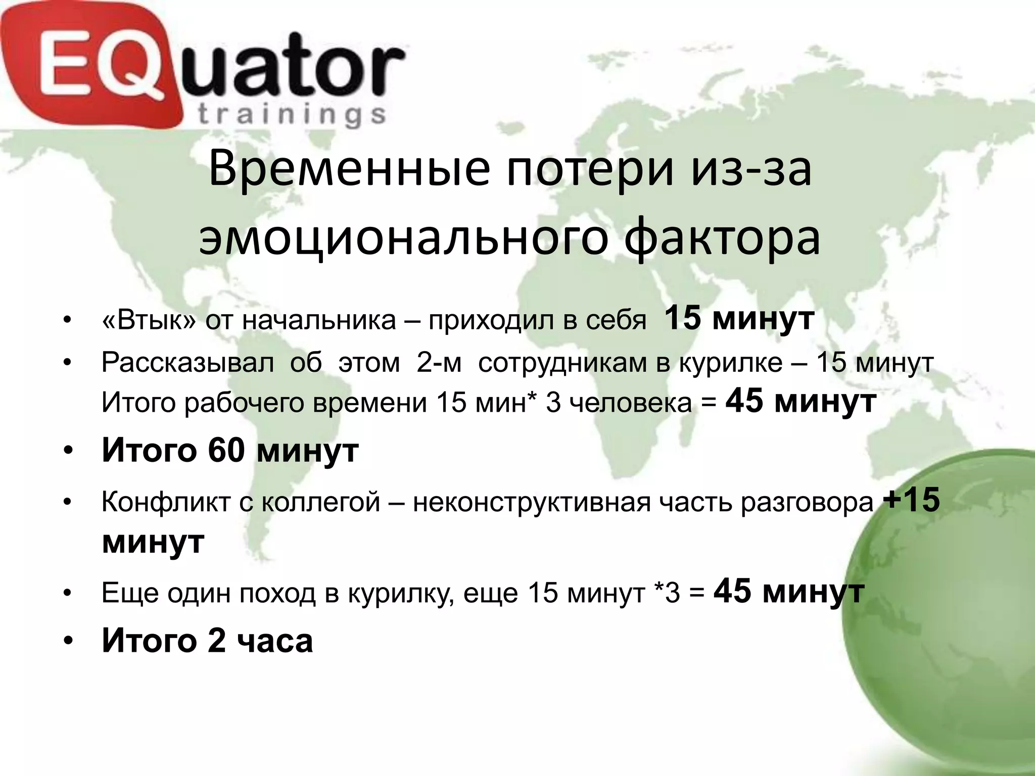 Временные потери из-за
         эмоционального фактора
• «Втык» от начальника – приходил в себя 15 минут
• Рассказывал об этом 2-м сотрудникам в курилке – 15 минут
  Итого рабочего времени 15 мин* 3 человека = 45 минут
• Итого 60 минут
• Конфликт с коллегой – неконструктивная часть разговора +15
  минут
• Еще один поход в курилку, еще 15 минут *3 = 45 минут
• Итого 2 часа
 