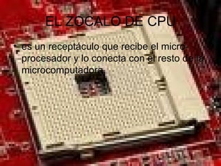 EL ZOCALO DE CPU es un receptáculo que recibe el micro-procesador y lo conecta con el resto de la microcomputadora.  