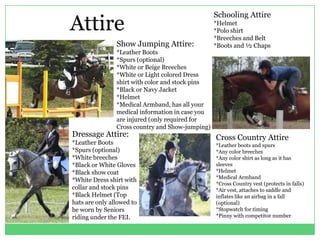 Schooling Attire
Attire                                            *Helmet
                                                  *Polo shirt
                                                  *Breeches and Belt
                Show Jumping Attire:              *Boots and ½ Chaps
                *Leather Boots
                *Spurs (optional)
                *White or Beige Breeches
                *White or Light colored Dress
                shirt with color and stock pins
                *Black or Navy Jacket
                *Helmet
                *Medical Armband, has all your
                medical information in case you
                are injured (only required for
                Cross country and Show-jumping)
Dressage Attire:                                  Cross Country Attire
*Leather Boots                                    *Leather boots and spurs
*Spurs (optional)                                 *Any color breeches
*White breeches                                   *Any color shirt as long as it has
*Black or White Gloves                            sleeves
*Black show coat                                  *Helmet
                                                  *Medical Armband
*White Dress shirt with
                                                  *Cross Country vest (protects in falls)
collar and stock pins                             *Air vest, attaches to saddle and
*Black Helmet (Top                                inflates like an airbag in a fall
hats are only allowed to                          (optional)
be worn by Seniors                                *Stopwatch for timing
riding under the FEI.                             *Pinny with competitor number
 