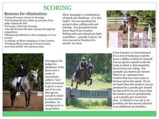 SCORING
Reasons for elimination:                           Show Jumping is a combination
*Going off course 3 times in dressage              of speed and obedience. It is also
*Not starting the test within 45 seconds of the    timed. You are penalized for
judge ringing the bell                             going to slow, pulling rails and
*Carrying a whip into dressage
                                                   refusals. It is penalized much
*Any fall of horse OR rider anytime through the
                                                   lower than Cross Country.
competition
*Missing and obstacle in show-jumping or Cross     Pulling rails and refusals are both
country                                            4 penalties. 1 penalty is given for
*3 refusals on Show Jumping or Cross Country       every second or fraction of a
*Finishing Show-jumping or Cross Country           second too slow.
more than double the optimum time.

                                                                                         Cross Country is a timed phased.
                                                                                         It is a test of endurance and the
                                                                                         horse’s ability to think for himself.
                                     Dressage is the                                     You are given a speed to ride the
                                     judged on                                           track at which is determined by
                                     obedience of the                                    the level you are riding. For
                                     horse over a                                        example 525 meters per minute
                                     series of                                           There is an optimum time
                                     movements                                           window that you must come in
                                     called a “test.”                                    between given the speed. If you
                                     Each movement                                       are faster than the window you are
                                     is given a score                                    penalized by 1 penalty per second
                                     out of 10, you                                      too fast and if you are slower than
                                     then get an                                         the window you are penalized by
                                     overall % which                                     .4 of a penalty per second too
                                     is converted to                                     slow. A refusal or run-out is 20
                                     penalties. An                                       penalties, for the second refusal it
                                     average score is                                    is an additional 40 penalties.
                                     45 penalties.
 
