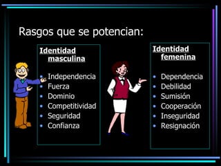 Rasgos que se potencian:
   Identidad               Identidad
     masculina               femenina

   •   Independencia       •   Dependencia
   •   Fuerza              •   Debilidad
   •   Dominio             •   Sumisión
   •   Competitividad      •   Cooperación
   •   Seguridad           •   Inseguridad
   •   Confianza           •   Resignación
 