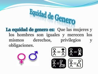 La equidad de genero es: Que las mujeres y
los hombres son iguales y merecen los
mismos derechos, privilegios y
obligaciones.
 