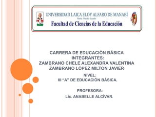 CARRERA DE EDUCACIÒN BÁSICA
INTEGRANTES:
ZAMBRANO CHELE ALEXANDRA VALENTINA
ZAMBRANO LÓPEZ MILTON JAVIER
NIVEL:
III “A” DE EDUCACIÓN BÁSICA.
PROFESORA:
Lic. ANABELLE ALCÍVAR.
 