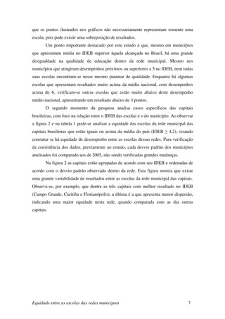 que os pontos ilustrados nos gráficos não necessariamente representam somente uma
escola, pois pode existir uma sobreposição de resultados.
        Um ponto importante destacado por este estudo é que, mesmo em municípios
que apresentam média no IDEB superior àquela alcançada no Brasil, há uma grande
desigualdade na qualidade de educação dentro da rede municipal. Mesmo nos
municípios que atingiram desempenhos próximos ou superiores a 5 no IDEB, nem todas
suas escolas encontram-se nesse mesmo patamar de qualidade. Enquanto há algumas
escolas que apresentam resultados muito acima da média nacional, com desempenhos
acima de 6, verificam-se outras escolas que estão muito abaixo deste desempenho
médio nacional, apresentando um resultado abaixo de 3 pontos.
        O segundo momento da pesquisa analisa casos específicos das capitais
brasileiras, com foco na relação entre o IDEB das escolas e o do município. Ao observar
a figura 2 e na tabela 1 pode-se analisar a equidade das escolas da rede municipal das
capitais brasileiras que estão iguais ou acima da média do país (IDEB ≥ 4,2), visando
constatar se há equidade de desempenho entre as escolas dessas redes. Para verificação
da consistência dos dados, previamente ao estudo, cada desvio padrão dos municípios
analisados foi comparado aos de 2005, não sendo verificadas grandes mudanças.
        Na figura 2 as capitais estão agrupadas de acordo com seu IDEB e ordenadas de
acordo com o desvio padrão observado dentro da rede. Esta figura mostra que existe
uma grande variabilidade de resultados entre as escolas da rede municipal das capitais.
Observa-se, por exemplo, que dentre as três capitais com melhor resultado no IDEB
(Campo Grande, Curitiba e Florianópolis), a última é a que apresenta menor dispersão,
indicando uma maior equidade nesta rede, quando comparada com as das outras
capitais.




Equidade entre as escolas das redes municipais                                      7
 