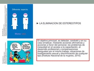 El objetivo principal es detectar, combatir y en su
caso erradicar, mediante acciones afirmativas y
acciones a favor del personal, los problemas de
inequidad en el acceso a la capacitación, el
desarrollo profesional y compensaciones
desiguales por el mismo trabajo, situaciones de
hostigamiento sexual y discriminación de cualquier
tipo.(Instituto Nacional de la mujeres, 2010)
► LA ELIMINACION DE ESTEREOTIPOS
Recuperadode:
http://3.bp.blogspot.com/-
I629OZzhhuI/UdjpGJ0VsII/AAAAAAAAADo/u-
lAsXTzsnE/s1600/racismo+2.jpg
Recuperadode:
http://2.bp.blogspot.com/-
4MO8CEwNPzw/TzwxdpOhw4I/AAAAAAAAALc/VOUqCge8WF8/
s1600/IGUALDAD%2BDE%2BGENERO%2Bterminado.jpg
 