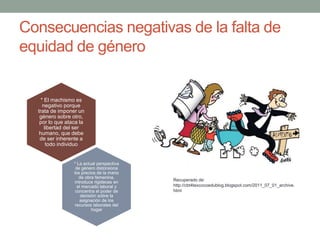 Consecuencias negativas de la falta de
equidad de género
* La actual perspectiva
de género distorsiona
los precios de la mano
de obra femenina,
introduce rigideces en
el mercado laboral y
concentra el poder de
decisión sobre la
asignación de los
recursos laborales del
hogar
* El machismo es
negativo porque
trata de imponer un
género sobre otro,
por lo que ataca la
libertad del ser
humano, que debe
de ser inherente a
todo individuo
Recuperado de:
http://cbt4texcocoedublog.blogspot.com/2011_07_01_archive.
html
 