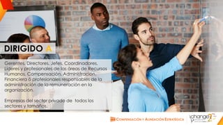 CHANGE AMERICAS
www.changeamericas.com
Gerentes, Directores, Jefes, Coordinadores,
Líderes y profesionales de las áreas de Recursos
Humanos, Compensación, Administración,
Financiera ó profesionales responsables de la
administración de la remuneración en la
organización.
Empresas del sector privado de todos los
sectores y tamaños.
DIRIGIDO A
 