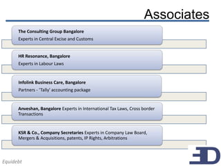 Associates
      The Consulting Group Bangalore
      Experts in Central Excise and Customs


      HR Resonance, Bangalore
      Experts in Labour Laws


      Infolink Business Care, Bangalore
      Partners - ‘Tally' accounting package


      Anveshan, Bangalore Experts in International Tax Laws, Cross border
      Transactions


      KSR & Co., Company Secretaries Experts in Company Law Board,
      Mergers & Acquisitions, patents, IP Rights, Arbitrations



Equidebt
 