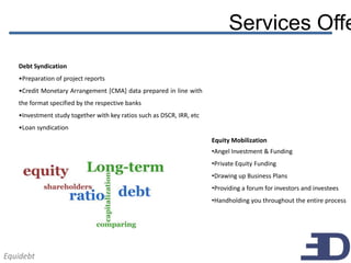 Services Offe
   Debt Syndication
   •Preparation of project reports
   •Credit Monetary Arrangement [CMA] data prepared in line with
   the format specified by the respective banks
   •Investment study together with key ratios such as DSCR, IRR, etc
   •Loan syndication
                                                                       Equity Mobilization
                                                                       •Angel Investment & Funding
                                                                       •Private Equity Funding
                                                                       •Drawing up Business Plans
                                                                       •Providing a forum for investors and investees
                                                                       •Handholding you throughout the entire process




Equidebt
 