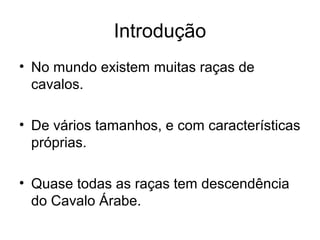 Introdução
• No mundo existem muitas raças de
cavalos.
• De vários tamanhos, e com características
próprias.
• Quase todas as raças tem descendência
do Cavalo Árabe.
 