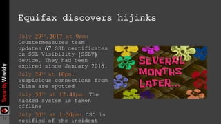 15
Equifax discovers hijinks
July 29th,2017 at 9pm:
Countermeasures team
updates 67 SSL certificates
on SSL Visibility (SSLV)
device. They had been
expired since January 2016.
July 29th at 10pm:
Suspicious connections from
China are spotted
July 30th at 12:41pm: The
hacked system is taken
offline
July 30th at 1:30pm: CSO is
notified of the incident
 
