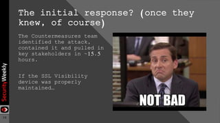 16
The initial response? (once they
knew, of course)
The Countermeasures team
identified the attack,
contained it and pulled in
key stakeholders in ~15.5
hours.
If the SSL Visibility
device was properly
maintained…
 