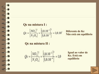 Qc na mistura I : Diferente de Kc Não está em equilíbrio Qc na mistura II : Igual ao valor de Kc. Está em equilíbrio 
