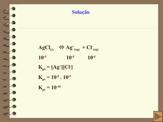 Solução AgCl (s)     Ag + (aq)   + Cl - (aq) 10 -5   10 -5   10 -5 K ps  =  [Ag + ][Cl - ] K ps  = 10 -5  . 10 -5 K ps  = 10 -10 