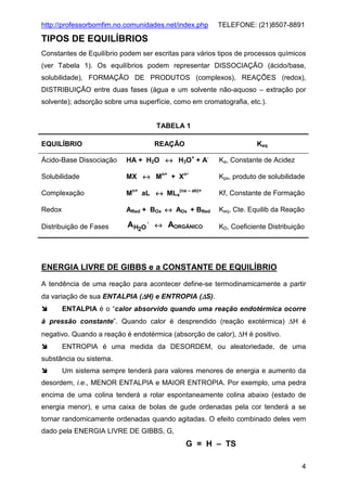 http://professorbomfim.no.comunidades.net/index.php

TELEFONE: (21)8507-8891

TIPOS DE EQUILÍBRIOS
Constantes de Equilíbrio podem ser escritas para vários tipos de processos químicos
(ver Tabela 1). Os equilíbrios podem representar DISSOCIAÇÃO (ácido/base,
solubilidade), FORMAÇÃO DE PRODUTOS (complexos), REAÇÕES (redox),
DISTRIBUIÇÃO entre duas fases (água e um solvente não-aquoso – extração por
solvente); adsorção sobre uma superfície, como em cromatografia, etc.).

TABELA 1
EQUILÍBRIO

REAÇÃO

Keq

Ácido-Base Dissociação

HA + H2O ↔ H3O+ + A-

Solubilidade

MX ↔ Mn+ + Xn

Complexação

Mn+ aL ↔ MLa(na – ab)+

Kf, Constante de Formação

Redox

ARed + BOx ↔ AOx + BRed

Keq, Cte. Equilib da Reação

Distribuição de Fases

A H2O ’ ↔ AORGÂNICO

KD, Coeficiente Distribuição

-

Ka, Constante de Acidez
Kps, produto de solubilidade

ENERGIA LIVRE DE GIBBS e a CONSTANTE DE EQUILÍBRIO
A tendência de uma reação para acontecer define-se termodinamicamente a partir
da variação de sua ENTALPIA (∆H) e ENTROPIA (∆S).
ENTALPIA é o “calor absorvido quando uma reação endotérmica ocorre
à pressão constante”. Quando calor é desprendido (reação exotérmica) ∆H é
negativo. Quando a reação é endotérmica (absorção de calor), ∆H é positivo.
ENTROPIA é uma medida da DESORDEM, ou aleatoriedade, de uma
substância ou sistema.
Um sistema sempre tenderá para valores menores de energia e aumento da
desordem, i.e., MENOR ENTALPIA e MAIOR ENTROPIA. Por exemplo, uma pedra
encima de uma colina tenderá a rolar espontaneamente colina abaixo (estado de
energia menor), e uma caixa de bolas de gude ordenadas pela cor tenderá a se
tornar randomicamente ordenadas quando agitadas. O efeito combinado deles vem
dado pela ENERGIA LIVRE DE GIBBS, G,

G = H – TS
4

 