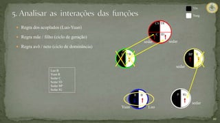 10
 Regra dos acoplados (Luo-Yuan)
 Regra mãe / filho (ciclo de geração)
 Regra avô / neto (ciclo de dominância)
C
CS
ID
TR
E
BP
IG
P
B
R
VB
F
sedar
sedar
sedar
Luo
Yuan
sedar
Luo B
Yuan R
Sedar C
Sedar ID
Sedar BP
Sedar IG
Yin
Yang
 