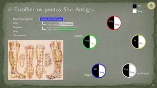 12
 Ting (borda ungueal)
 Iong
 Iu (pulso)
 King
 Ho (cotovelo)
Yin
Yang
Ting
Iong
Iu
King
Ho
Ting
Iong
Iu
King
Ho
tonificação
sedação
estação
Estação: INVERNO (água)
mãe - tonifica: OUTONO (metal)
filho - seda: PRIMAVERA (madeira)
 