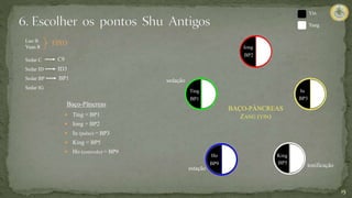 15
Yin
Yang
Ting
Iong
Iu
King
Ho
tonificação
sedação
estação
Luo B
Yuan R
Sedar C
Sedar ID
Sedar BP
Sedar IG
FIXO
Baço-Pâncreas
 Ting = BP1
 Iong = BP2
 Iu (pulso) = BP3
 King = BP5
 Ho (cotovelo) = BP9
BP1
BP2
BP3
BP5
BP9
C9
BAÇO-PÂNCREAS
ZANG (YIN)
ID3
BP1
 