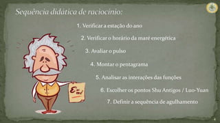 2. Verificar o horário da maré energética
3. Avaliar o pulso
4. Montar o pentagrama
1. Verificar a estação do ano
4
5. Analisar as interações das funções
6. Escolher os pontos Shu Antigos / Luo-Yuan
7. Definir a sequência de agulhamento
 