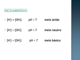  [H+] > [OH-]: pH < 7 meio ácido 
 [H+] = [OH-]: pH = 7 meio neutro 
 [H+] < [OH-]: pH > 7 meio básico 
 