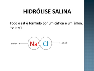 HIDRÓLISE SALINA 
Todo o sal é formado por um cátion e um ânion. 
Ex: NaCl 
cátion Na+ Cl- ânion 
 