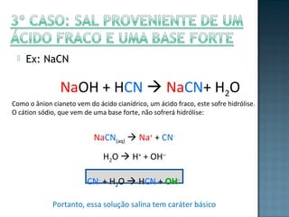  Ex: NaCN 
NaOH + HCN  NaCN+ H2O 
Como o ânion cianeto vem do ácido cianídrico, um ácido fraco, este sofre hidrólise. 
O cátion sódio, que vem de uma base forte, não sofrerá hidrólise: 
NaCN(aq)  Na+ + CN-H 
2O  H+ + OH– 
CN- + H2O  HCN + OH-Portanto, 
essa solução salina tem caráter básico 
 