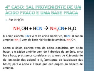  Ex: NH4CN 
NH4OH + HCN  NH4CN+ H2O 
O ânion cianeto (CN-) vem do ácido cianídrico, HCN; O cátion 
amônio (NH+) vem da base hidróxido de amônio, NHOH. 
4 
4Como o ânion cianeto vem do ácido cianídrico, um ácido 
fraco, e o cátion amônio vem do hidróxido de amônio, uma 
base fraca, precisamos considerar os valores de Ka (constante 
de ionização dos ácidos) e Kb (constante de basicidade das 
bases) para o ácido e a base que dão origem ao cianeto de 
amônio. 
 