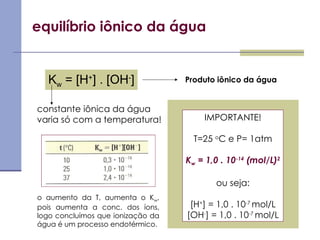 equilíbrio iônico da água K w  = [H + ] . [OH - ] Produto iônico da água constante iônica da água varia só com a temperatura! IMPORTANTE! T=25  o C e P= 1atm K w  = 1,0 . 10 -14  (mol/L) 2 ou seja: [H + ] = 1,0 . 10 -7  mol/L [OH - ] = 1,0 . 10 -7  mol/L o aumento da T, aumenta o K w , pois aumenta a conc. dos íons, logo concluímos que ionização da água é um processo endotérmico. 