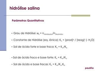 hidrólise salina Parâmetros Quantitativos Grau de Hidrólise:   h  = n hidrolisados /n dissolvidos Constante de Hidrólise (eq. iônica): K h  = [prod] p  / [reag] r  (- H 2 O) Sal de ácido forte e base fraca: K h  = K w /K b Sal de ácido fraco e base forte: K h  = K w /K a Sal de ácido e base fracas: K h  = K w /K a .K b pauliño 