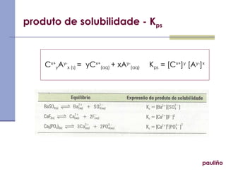 produto de solubilidade - K ps pauliño C x+ y A y- x (s)  =  yC x+ (aq)  + xA y- (aq)  K ps  = [C x+ ] y  [A y- ] x  