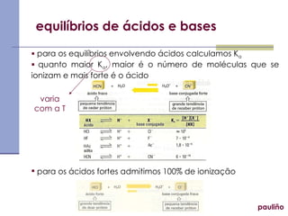 equilíbrios de ácidos e bases pauliño para os equilíbrios envolvendo ácidos calculamos K a quanto maior K a , maior é o número de moléculas que se ionizam e mais forte é o ácido para os ácidos fortes admitimos 100% de ionização varia com a T 