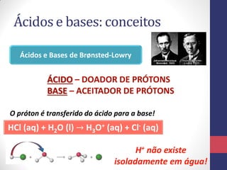 Ácidos e bases: conceitos
Ácidos e Bases de Brønsted-Lowry

ÁCIDO – DOADOR DE PRÓTONS
BASE – ACEITADOR DE PRÓTONS
O próton é transferido do ácido para a base!

HCl (aq) + H2O (l) → H3O+ (aq) + Cl- (aq)
H+ não existe
isoladamente em água!

 