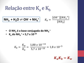 Relação entre Ka e Kb
NH3 + H2O ⇌ OH- + NH4+

𝐾𝑏 =

𝑂𝐻 −

𝑁𝐻4+
𝑁𝐻3

• O NH3 é a base conjugada do NH4 +
• Ka do NH4 + = 5,7 x 10-10
𝐾𝑤
1,00 𝑥 10−14
𝐾𝑏 =
=
= 1,8 𝑥 10−5
𝐾𝑎
5,7 𝑥 10−10

𝑲𝒂 𝑲𝒃 = 𝑲𝒘

 