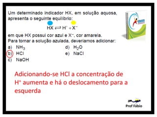 Adicionando-se HCl a concentração de
H+ aumenta e há o deslocamento para a
esquerda

                                    Prof Fábio
 