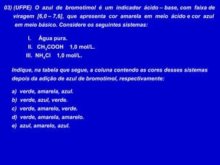 03) (UFPE)  O  azul  de  bromotimol  é  um  indicador  ácido – base, com  faixa de      viragem  [6,0 – 7,6],  que  apresenta  cor  amarela  em  meio  ácido e cor  azul       em meio básico. Considere os seguintes sistemas:     Água pura.   CH3COOH    1,0 mol/L.      III.  NH4Cl    1,0 mol/L.Indique, na tabela que segue, a coluna contendo as cores desses sistemasdepois da adição de azul de bromotimol, respectivamente:  verde, amarela, azul.  verde, azul, verde.  verde, amarelo, verde.  verde, amarela, amarelo.  azul, amarelo, azul.
