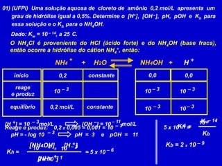01) (UFPI)  Uma solução aquosa de  cloreto de  amônio  0,2 mol/L  apresenta  um      grau de hidrólise igual a 0,5%. Determine o  [H+],  [OH –],  pH,  pOH  e  Kh  para      essa solução e o Kb  para o NH4OH.Dado: Kw = 10 – 14, a 25°C.O NH4Cl é proveniente do HCl (ácido forte) e do NH4OH (base fraca), então ocorre a hidrólise do cátion NH4+, então:     NH4          +H2O                 NH4OH   +      H++0,0inícioconstante 0,00,2reage e produz– 3– 3– 3101010equilíbrioconstante– 3– 30,2 mol/L1010Kw– 14– 3– 11–10+[H   ] = 10      mol/L [OH   ] = 10       mol/L – 3Kh  = – 65 x 10     = Reage e produz:0,2 x 0,005 = 0,001 = 10– 3KbpH = - log 10pH  =  3 e pOH  =   11 – 9+[NH4OH]Kb = 2 x 10[H   ]– 3– 31010– 6XKh = = 5 x 10 +– 1[NH4   ]2 x 10