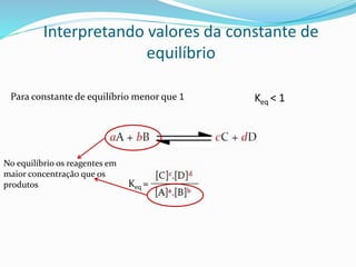 Interpretando valores da constante de
equilíbrio
Para constante de equilíbrio menor que 1
Keq =
No equilíbrio os reagentes em
maior concentração que os
produtos
Keq < 1
 