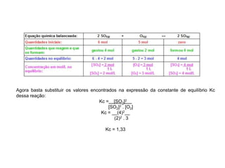 Agora basta substituir os valores encontrados na expressão da constante de equilíbrio Kc
dessa reação:
Kc = [SO3]2
[SO2]2 . [O2]
Kc = __(4)2__
(2)2 . 3
Kc = 1,33
 