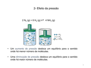 22
• Um aumento de pressão desloca um equilíbrio para o sentido
onde há menor número de moléculas.
• Uma diminuição de pressão desloca um equilíbrio para o sentido
onde há maior número de moléculas.
2 N2 (g) + 6 H2 (g) 4 NH3 (g)
2- Efeito da pressão
 