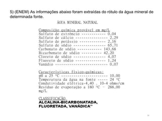 34
5) (ENEM) As informações abaixo foram extraídas do rótulo da água mineral de
determinada fonte.
 