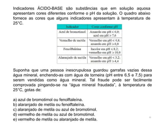 35
Indicadores ÁCIDO-BASE são substâncias que em solução aquosa
apresentam cores diferentes conforme o pH da solução. O quadro abaixo
fornece as cores que alguns indicadores apresentam à temperatura de
25°C.
Suponha que uma pessoa inescrupulosa guardou garrafas vazias dessa
água mineral, enchendo-as com água de torneira (pH entre 6,5 e 7,5) para
serem vendidas como água mineral. Tal fraude pode ser facilmente
comprovada pingando-se na “água mineral fraudada”, à temperatura de
25°C, gotas de:
a) azul de bromotimol ou fenolftaleína.
b) alaranjado de metila ou fenolftaleína.
c) alaranjado de metila ou azul de bromotimol.
d) vermelho de metila ou azul de bromotimol.
e) vermelho de metila ou alaranjado de metila.
 