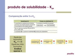 produto de solubilidade - Kps
pauliño
Comparação entre S e Kps
Espécies
Isomorfas
Kps   S
Espécies Não
Isomorfas
Analisar
apenas S
 