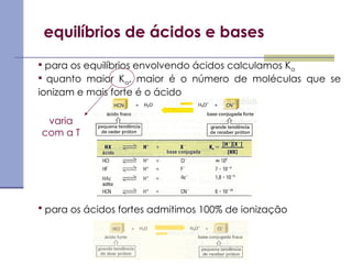 equilíbrios de ácidos e bases
 para os equilíbrios envolvendo ácidos calculamos Ka
 quanto maior Ka, maior é o número de moléculas que se
ionizam e mais forte é o ácido
 para os ácidos fortes admitimos 100% de ionização
varia
com a T
 