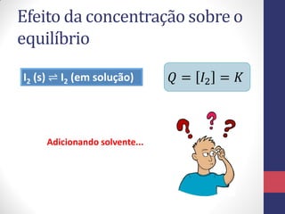 Efeito da concentração sobre o
equilíbrio
I2 (s) ⇌ I2 (em solução) 𝑄 = 𝐼2 = 𝐾
Adicionando solvente...
 