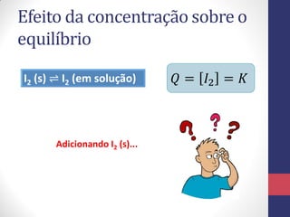 Efeito da concentração sobre o
equilíbrio
I2 (s) ⇌ I2 (em solução) 𝑄 = 𝐼2 = 𝐾
Adicionando I2 (s)...
 