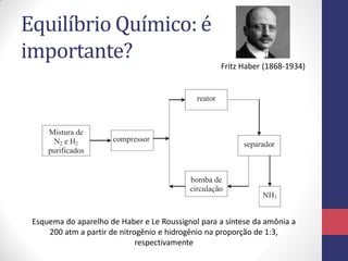 Equilíbrio Químico: é
importante? Fritz Haber (1868-1934)
Esquema do aparelho de Haber e Le Roussignol para a síntese da amônia a
200 atm a partir de nitrogênio e hidrogênio na proporção de 1:3,
respectivamente
 