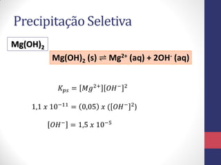 Precipitação Seletiva
Mg(OH)2
Mg(OH)2 (s) ⇌ Mg2+ (aq) + 2OH- (aq)
𝐾 𝑝𝑠 = 𝑀𝑔2+
𝑂𝐻− 2
1,1 𝑥 10−11 = 0,05 𝑥 ( 𝑂𝐻− 2)
𝑂𝐻− = 1,5 𝑥 10−5
 