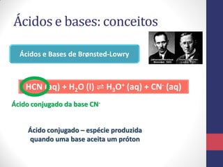 Ácidos e bases: conceitos
Ácidos e Bases de Brønsted-Lowry
HCN (aq) + H2O (l) ⇌ H3O+ (aq) + CN- (aq)
Ácido conjugado da base CN-
Ácido conjugado – espécie produzida
quando uma base aceita um próton
 