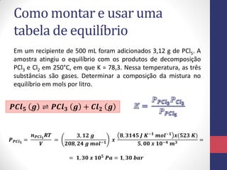Como montar e usar uma
tabela de equilíbrio
Em um recipiente de 500 mL foram adicionados 3,12 g de PCl5. A
amostra atingiu o equilíbrio com os produtos de decomposição
PCl3 e Cl2 em 250°C, em que K = 78,3. Nessa temperatura, as três
substâncias são gases. Determinar a composição da mistura no
equilíbrio em mols por litro.
𝑷𝑪𝒍 𝟓 𝒈 ⇌ 𝑷𝑪𝒍 𝟑 𝒈 + 𝑪𝒍 𝟐 𝒈
𝑷 𝑷𝑪𝒍 𝟓
=
𝒏 𝑷𝑪𝒍 𝟓
𝑹𝑻
𝑽
=
𝟑, 𝟏𝟐 𝒈
𝟐𝟎𝟖, 𝟐𝟒 𝒈 𝒎𝒐𝒍−𝟏 𝒙
𝟖, 𝟑𝟏𝟒𝟓 𝑱 𝑲−𝟏 𝒎𝒐𝒍−𝟏 𝒙(𝟓𝟐𝟑 𝑲)
𝟓, 𝟎𝟎 𝒙 𝟏𝟎−𝟒 𝒎 𝟑 =
= 𝟏, 𝟑𝟎 𝒙 𝟏𝟎 𝟓 𝑷𝒂 = 𝟏, 𝟑𝟎 𝒃𝒂𝒓
 