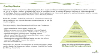 Notre offre cherche à améliorer et consolider la performance d’une équipe.
Cette intervention tient compte des enjeux opérationnels réels et vise des
résultats tangibles.
Nous accompagnons des ateliers de travail spécifiques avec l’équipe pour :
· Définir ensemble ses besoins, enjeux, objectifs, etc.
· Elaborer un propos commun réel et significatif (raison de l’équipe).
· Renforcer la cohésion et la confiance entre les membres de l’équipe.
· Optimiser les relations, communications internes et externes.
· Aborder les conflits, et de manière à ce que les relations restent intactes.
· Prendre des décisions et s’engager.
· Réviser certains processus de travail de l’équipe pour être plus efficace.
· Assumer la responsabilité mutuelle des résultats.
· Faire des réunions efficaces.
Le Coaching d’équipe est le processus d’accompagnement d’une équipe naturelle dans le développement de sa performance collective. Une équipe
est plus qu’un groupe d’individus qui sont efficaces chacun de son côté et cela doit se voir dans ses résultats collectifs et se palper dans l’énergie
qu’elle dégage. Contrairement au Coaching individuel, le Coaching d’équipe met l’accent sur le système, les relations / interactions entre les membres
de l’équipe et leur impact sur les résultats, et non pas sur chacun des membres.
Le processus peut démarrer par un diagnostic de Barrett Analytics pour chaque
membre (Leadership Development Report) et/ou pour l’ensemble de l’équipe
(Small Group Assessment).
Les membres de l’équipe se font confiance entre eux
Parlent ouvertement des conflits
S’engagent explicitement à exécuter
décisions et tâches
Assument la
responsabilité
mutuelle des résultats
Atteignent
les objectifs
Référence: Patrick Lencioni, « les 5 dysfonctionnements d’une équipe »
 